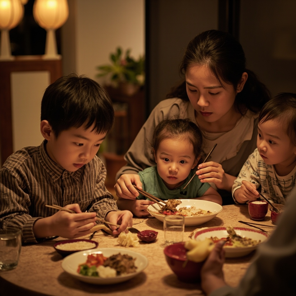 Chinese family using chopsticks