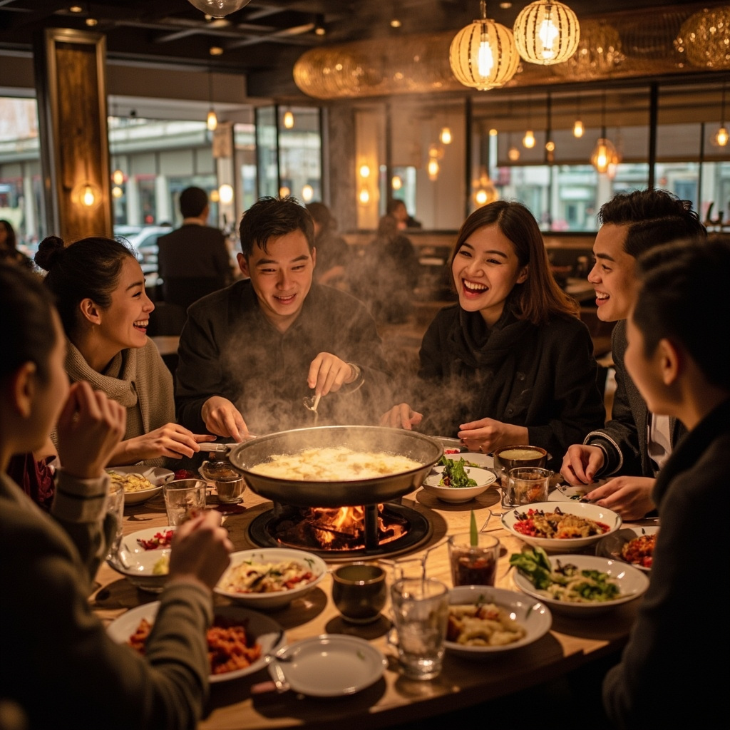 Chinese hot pot spread with ingredients