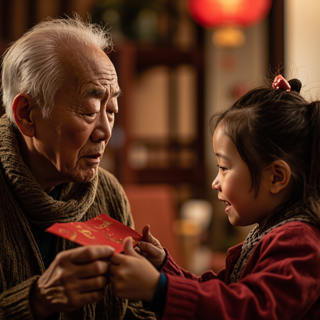 Elderly giving red envelope to child