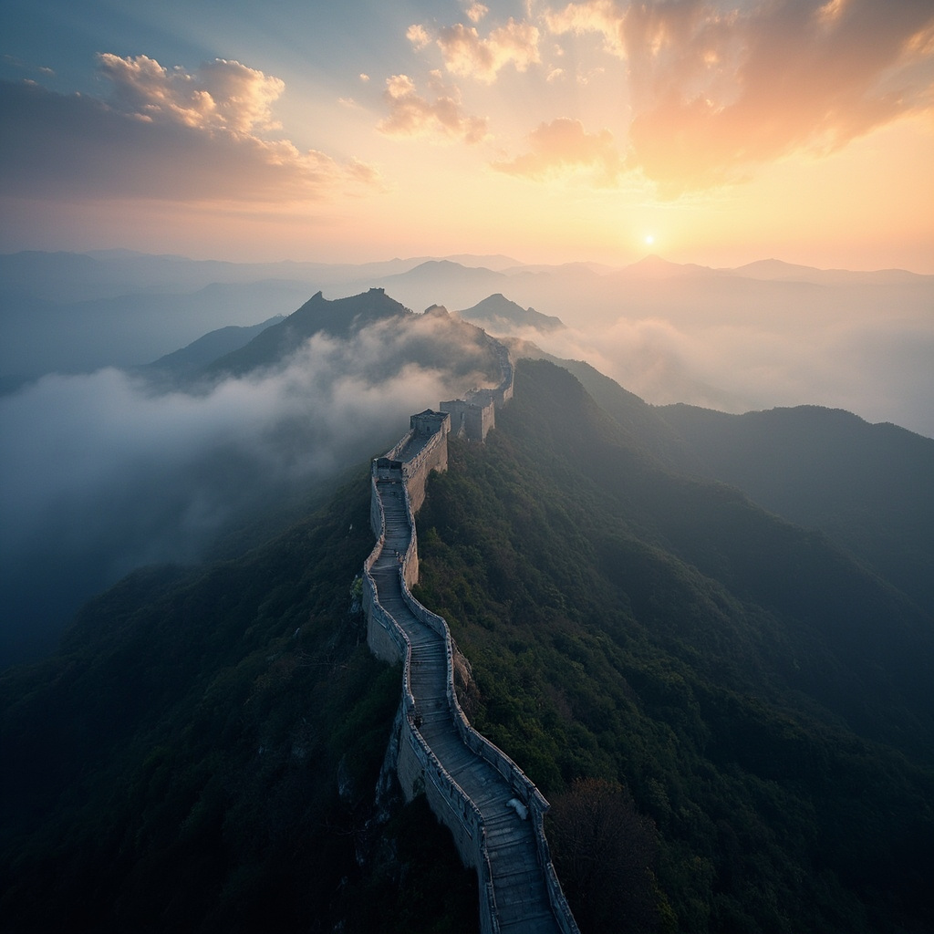Great Wall of China misty mountains